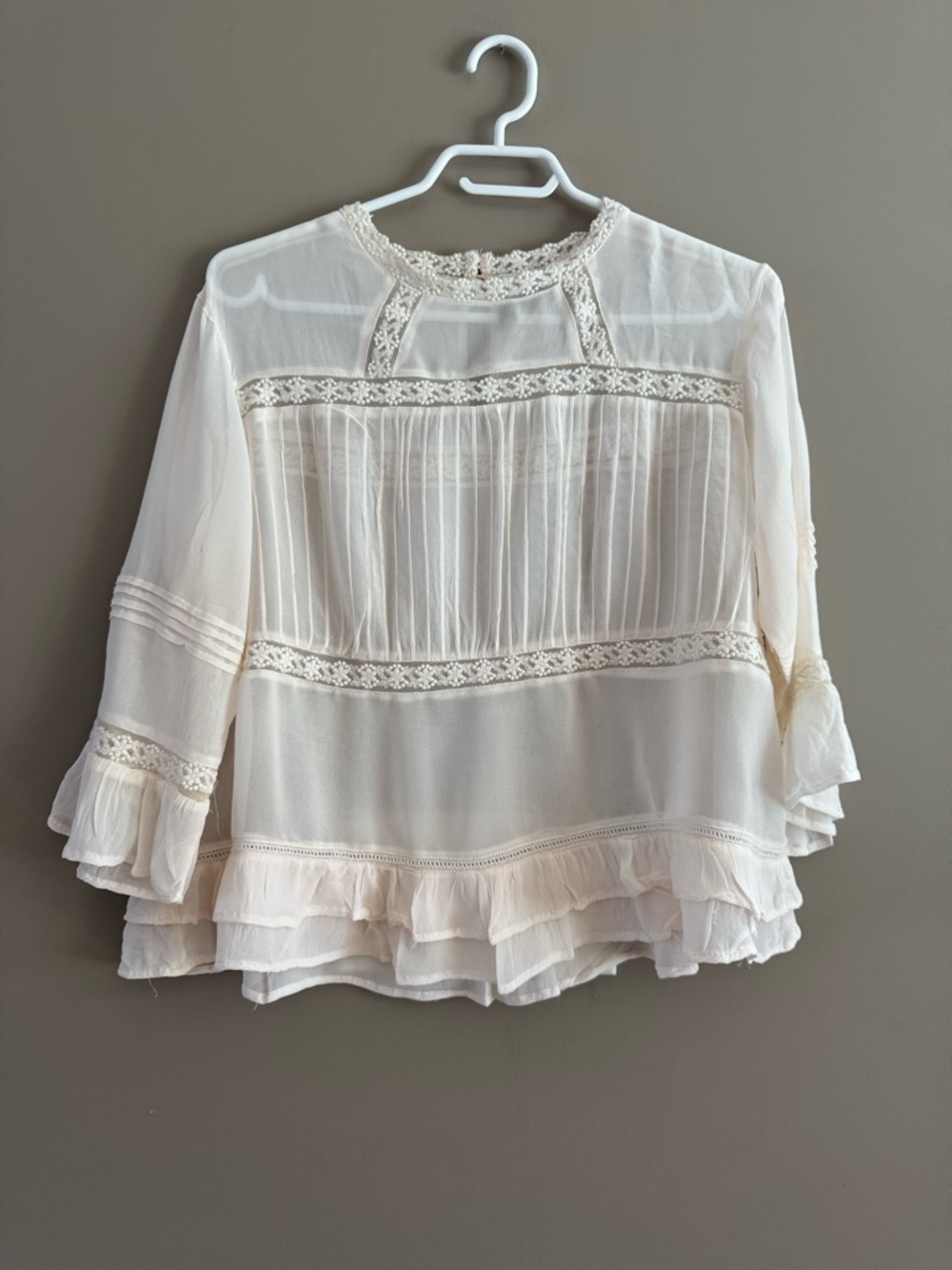 ASOS Cream Lace-Trim Ruffle Romantic Boho Peasant Blouse